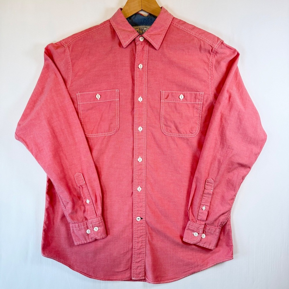Nautica Mens Medium Salmon Pink Cotton Button Down Long Sleeve Shirt